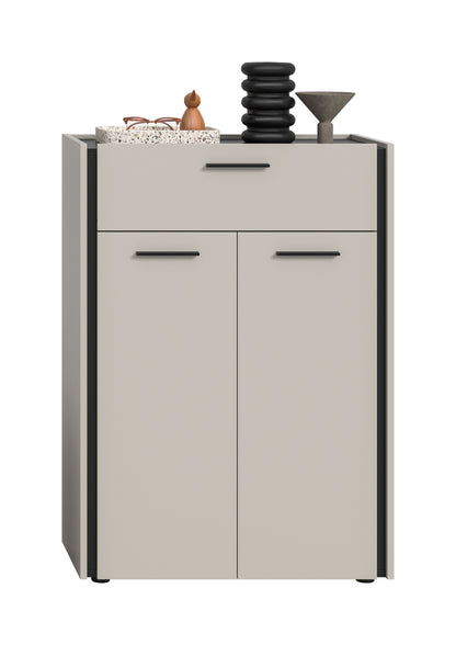 Schuhschrank mit Schublade und zwei Türen, schwarze Griffe, beige Korpus
