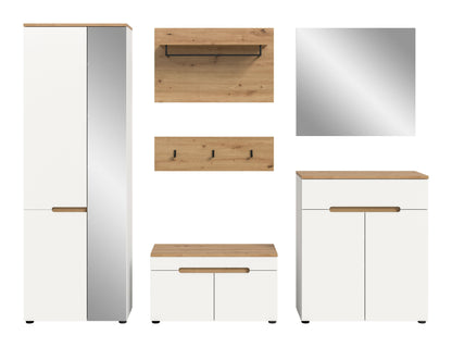 Garderoben-Set mit Naturholzdekor: Schrank, Schuhbank und Wandspiegel mit Hakenleiste