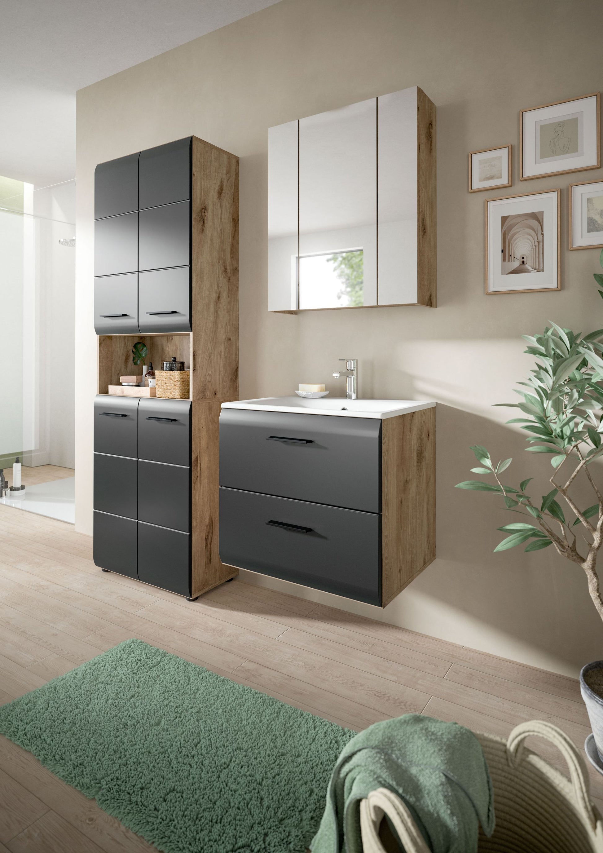 Badmöbel-Set mit Waschtisch, Spiegel und Hochschrank in dunklem Grau/Holz