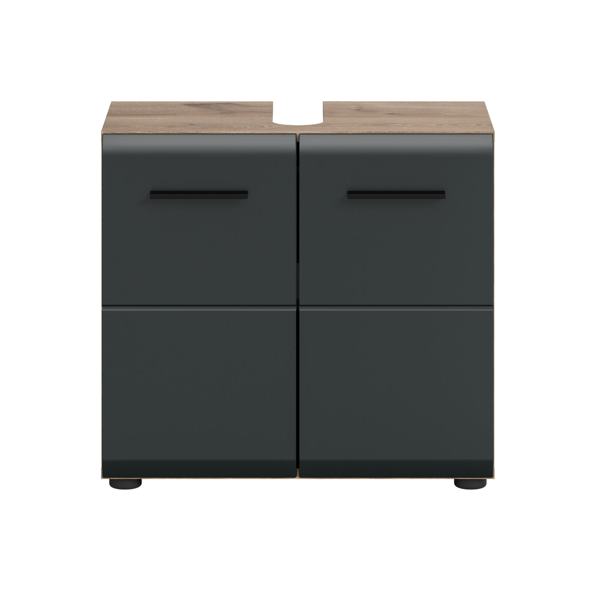 Waschbeckenunterschrank 60 cm, dunkelgrauer Schrank mit zwei Türen und schwarzen Griffen