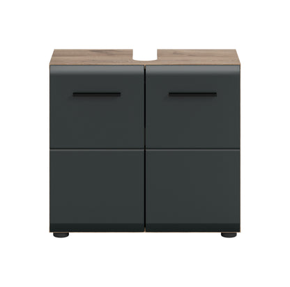 Waschbeckenunterschrank 60 cm, dunkelgrauer Schrank mit zwei Türen und schwarzen Griffen