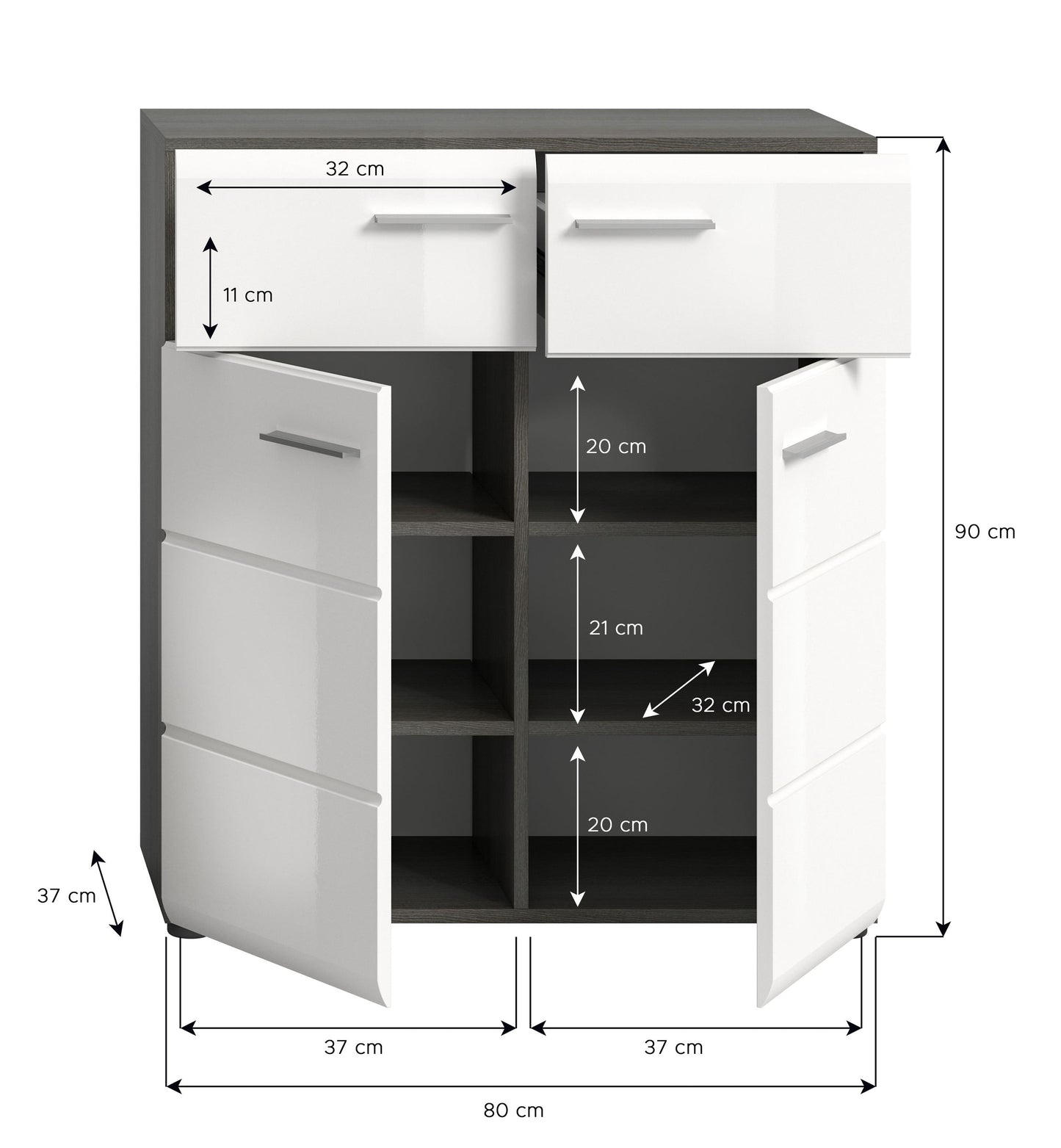 Schuhschrank mit Maßangaben, Gesamtmaß ca. 80×90×37 cm, weißer Hochglanzfront mit Griffen