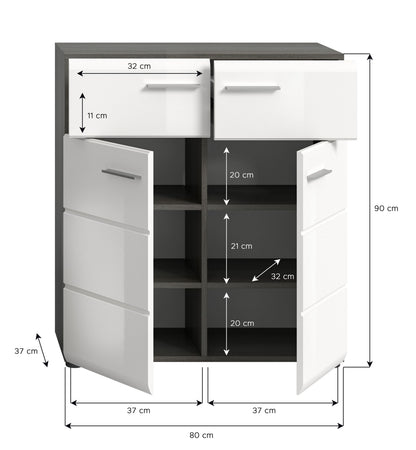 Schuhschrank mit Maßangaben, Gesamtmaß ca. 80×90×37 cm, weißer Hochglanzfront mit Griffen