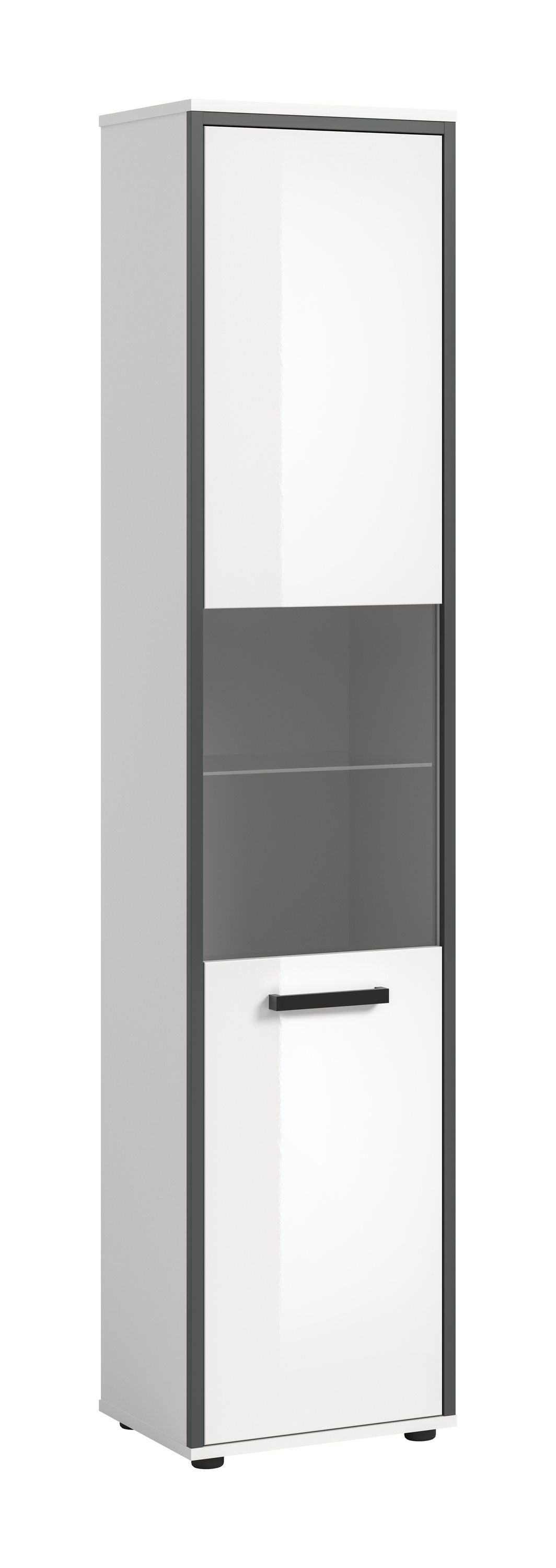 Schmaler Badhochschrank mit weißer Hochglanz-Front und Griffleiste, obere Klappe