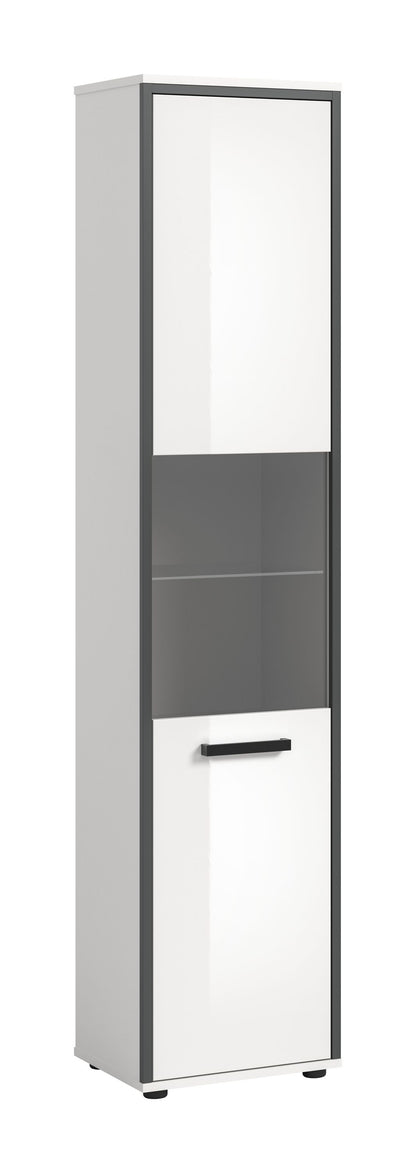 Schmaler Badhochschrank mit weißer Hochglanz-Front und Griffleiste, obere Klappe