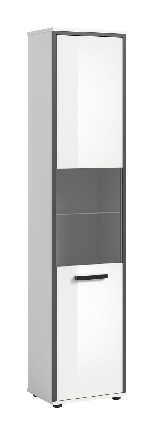 Schmaler Badhochschrank mit weißer Hochglanz-Front und Griffleiste, obere Klappe