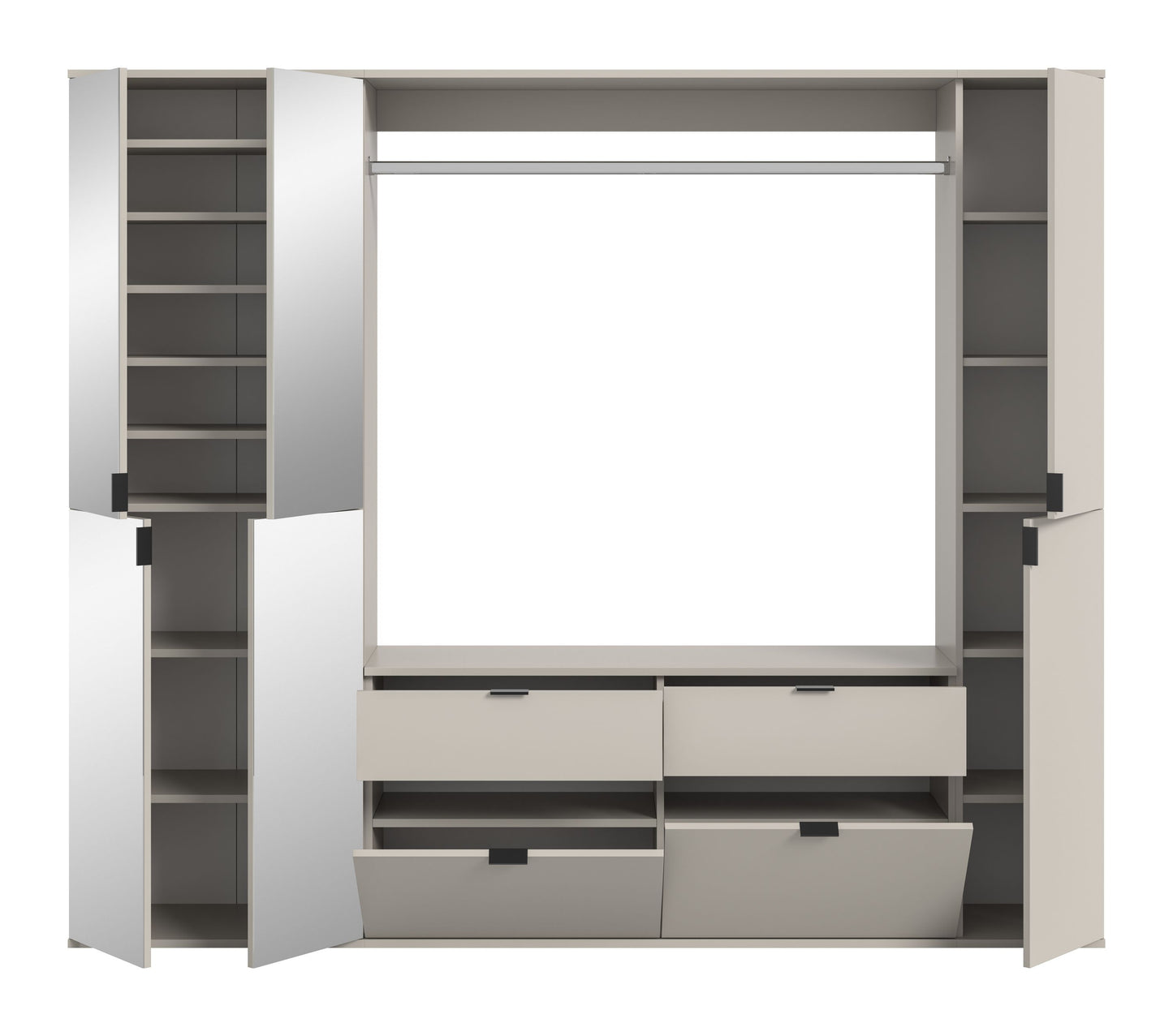 Garderobenschrank mit geöffneten Fächern und Klappen, weiß