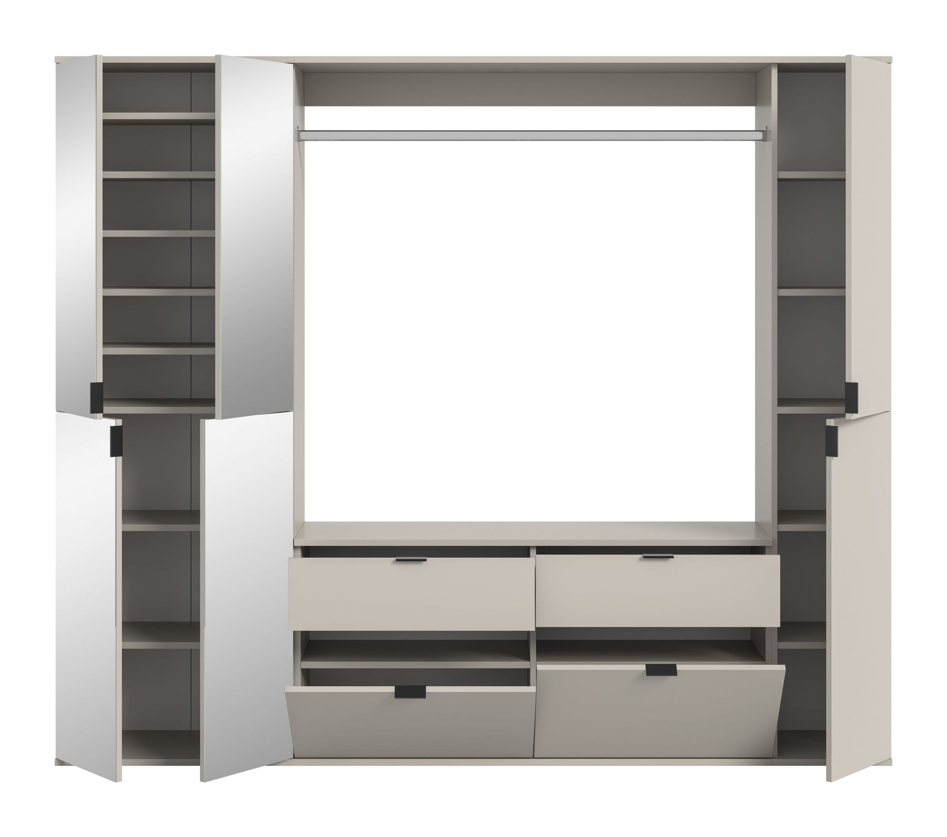 Garderobenschrank mit geöffneten Fächern und Klappen, weiß
