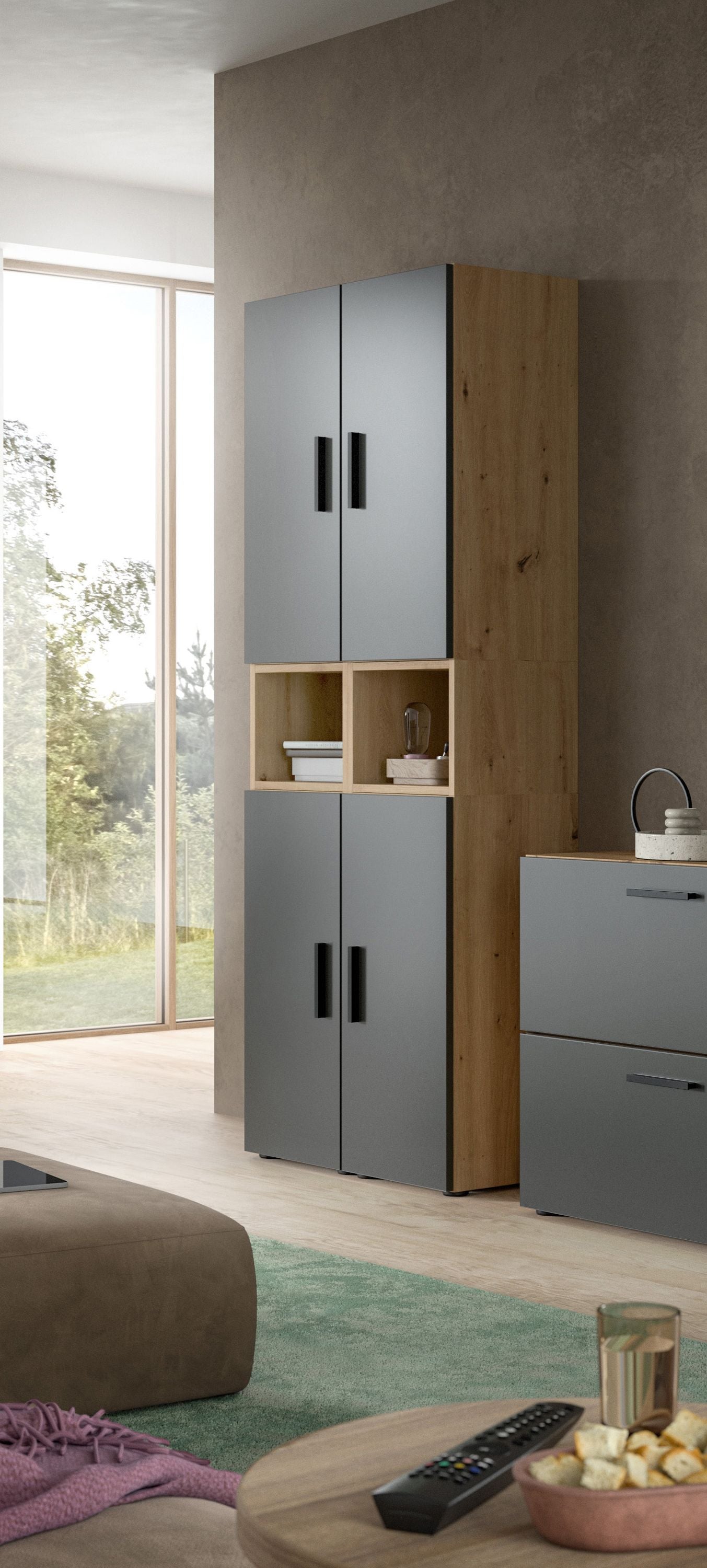 Wall Unit THE ONE (W/H/D: approx. 65/178/34 cm) in Artisan Oak finish/Smoke Green