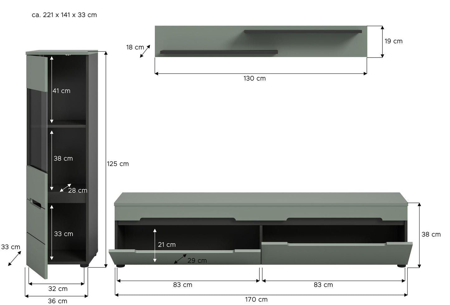 Wohnwand-Set mit Lowboard und Vitrinenschrank: Maßangaben, Salbeigrün und Holzoptik