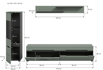 Wohnwand-Set mit Lowboard und Vitrinenschrank: Maßangaben, Salbeigrün und Holzoptik