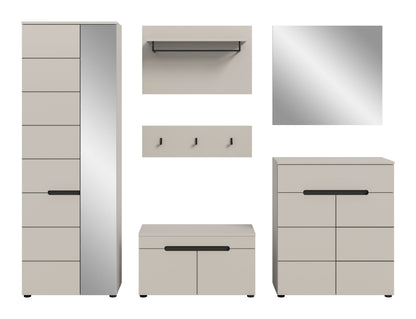 Garderoben-Set in Beige/Taupe: hoher Schrank mit Schubladen, Schuhbank und Wandspiegel