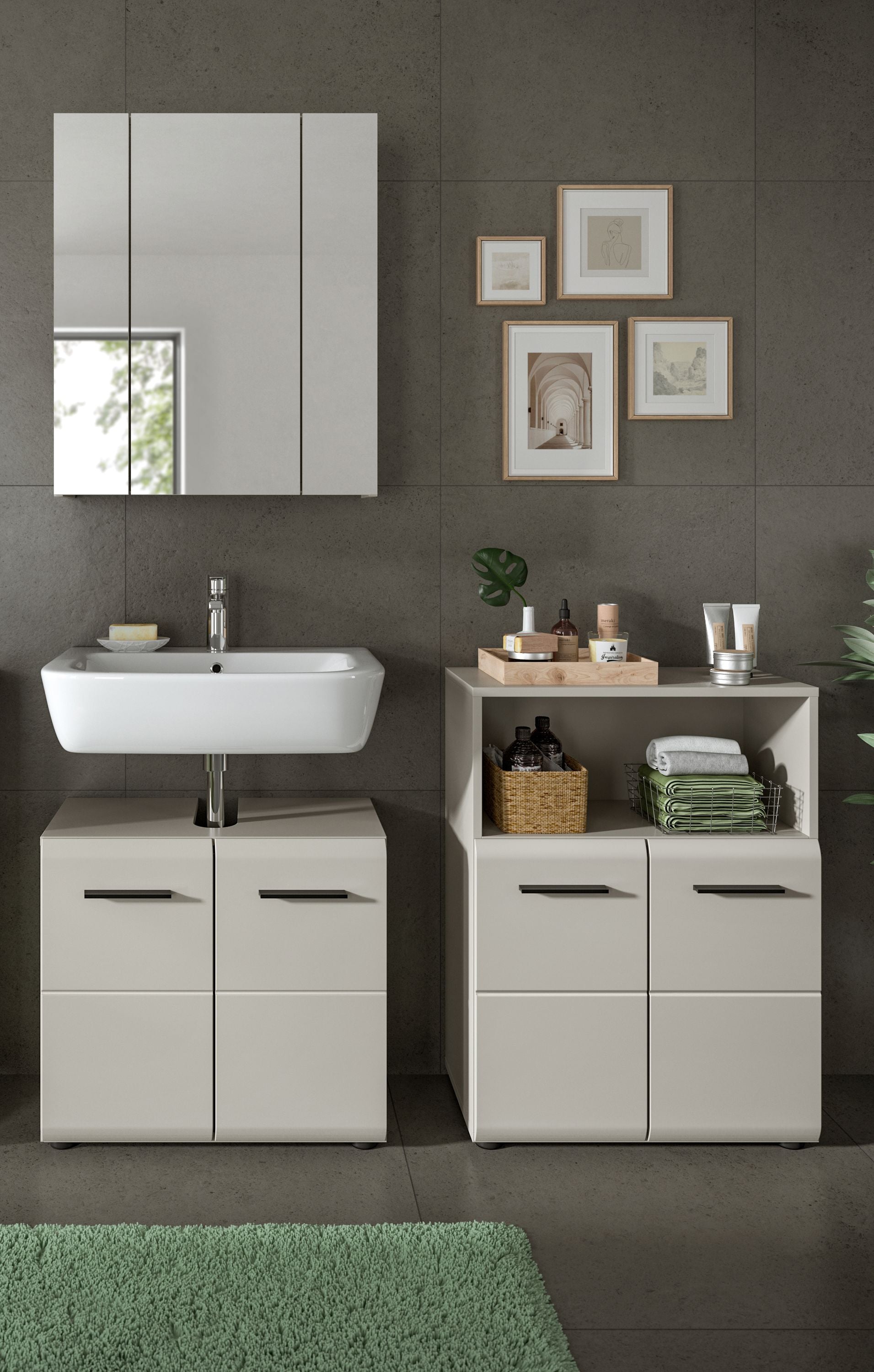 Badezimmermöbel-Set mit Waschbecken-Unterschrank und Spiegelschrank, weiß und anthrazit
