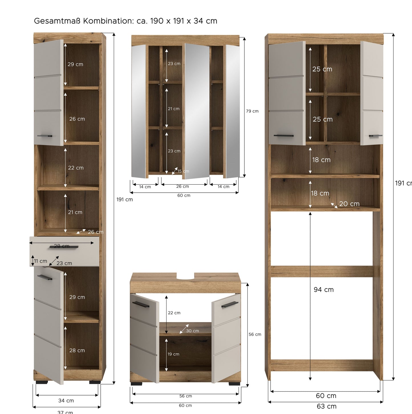 Badezimmerset 4-tlg. mit Maßangaben für Hochschrank, Spiegel- und Unterschrank