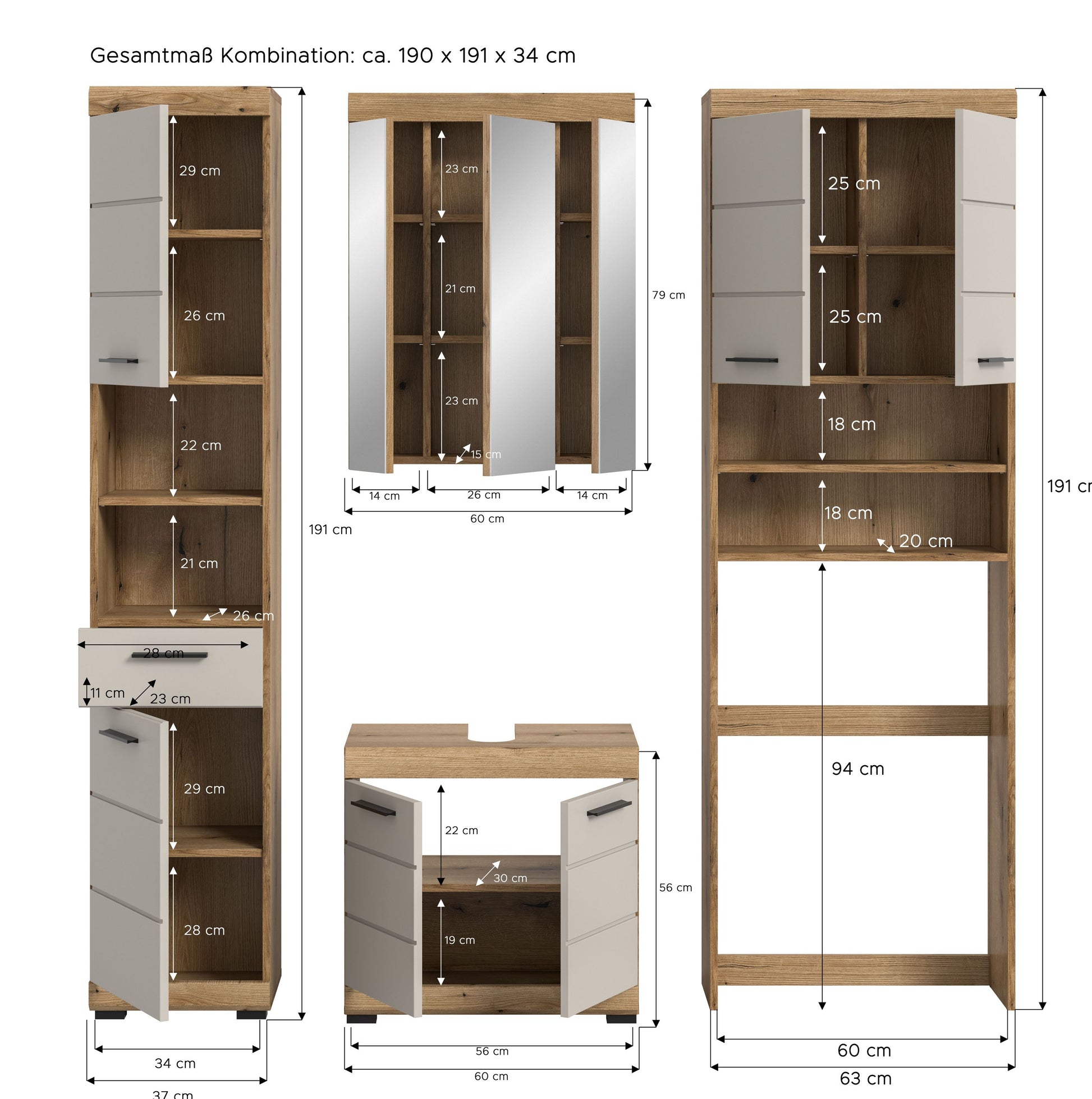 Badezimmerset 4-tlg. mit Maßangaben für Hochschrank, Spiegel- und Unterschrank
