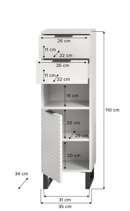 Weißer Badschrank mit Maßen, Innenfächern und geriffelter Fronttür