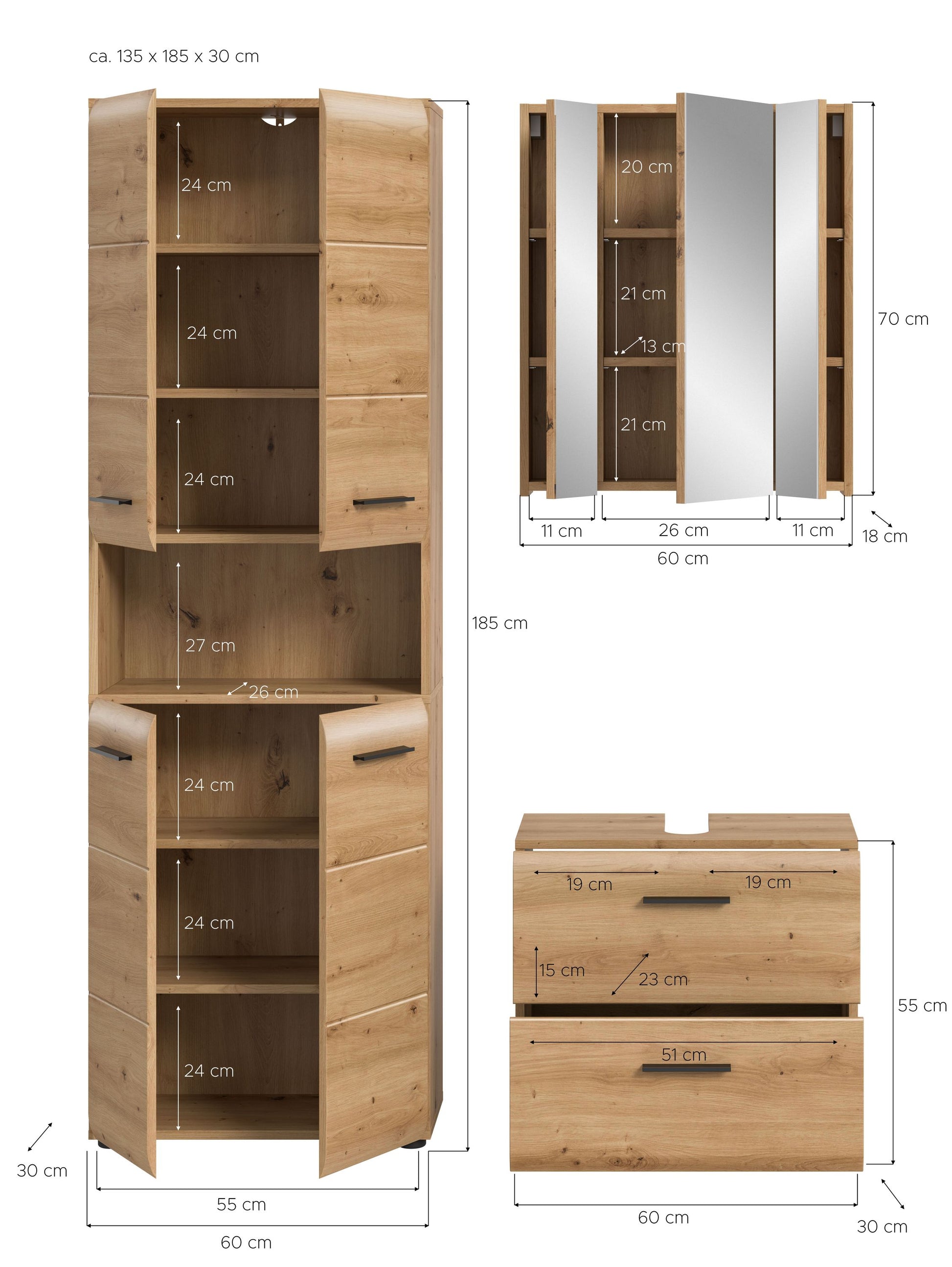 Badezimmerset von Homes & Jones mit Maßangaben zu Hochschrank und Waschtisch