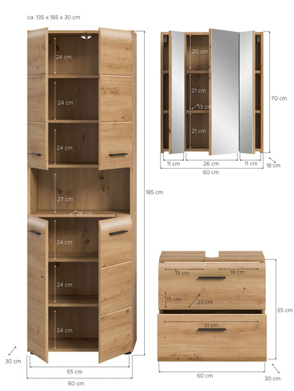 Badezimmerset von Homes & Jones mit Maßangaben zu Hochschrank und Waschtisch