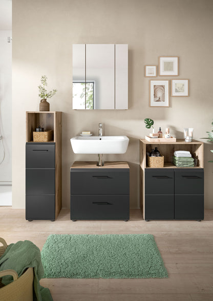 Badmöbel-Set mit Spiegeloberschrank, Waschtischunterschrank und Schränken in hellem Holz und Grau