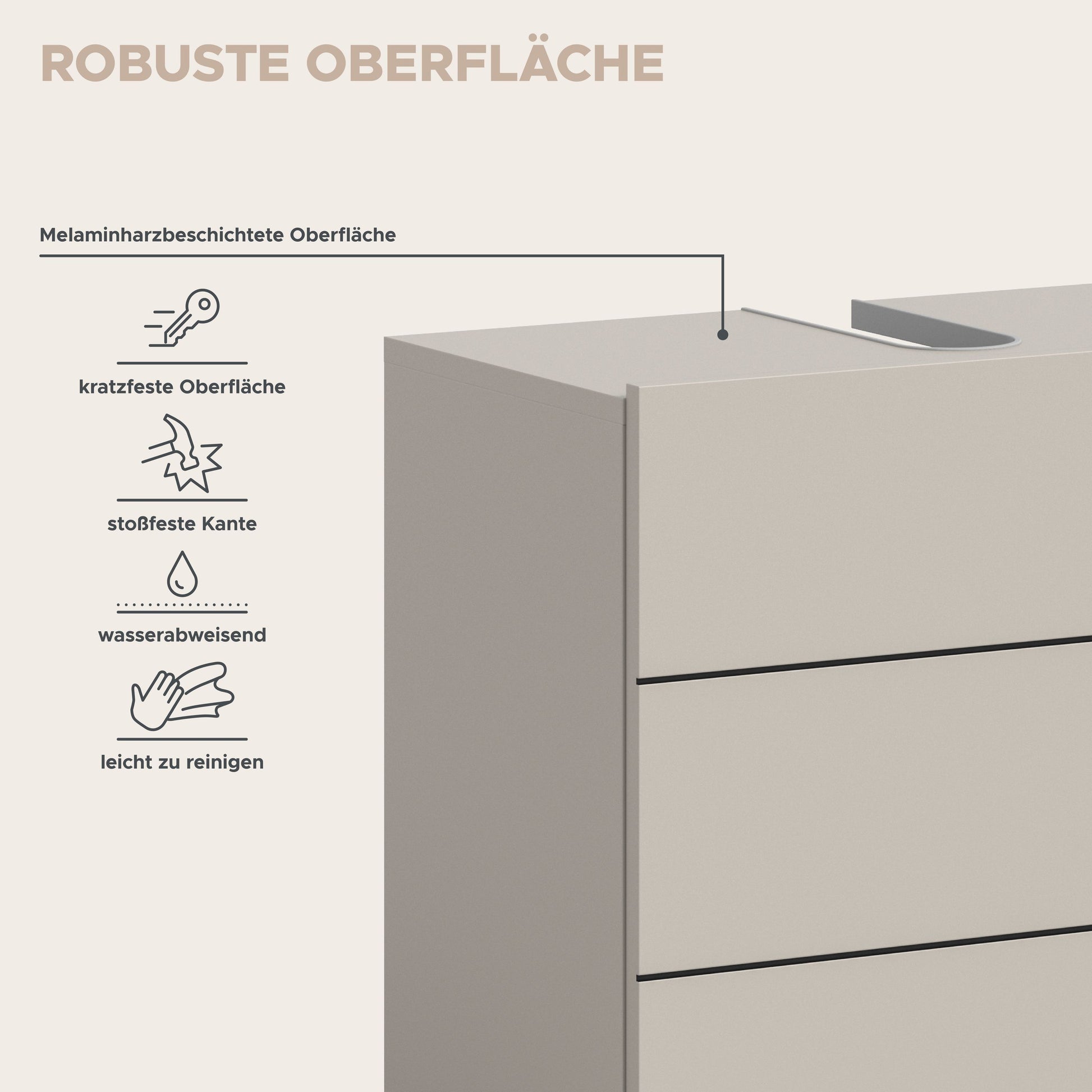 Robuste Schrankoberfläche: kratzfeste, wasserabweisende Melaminharzbeschichtung