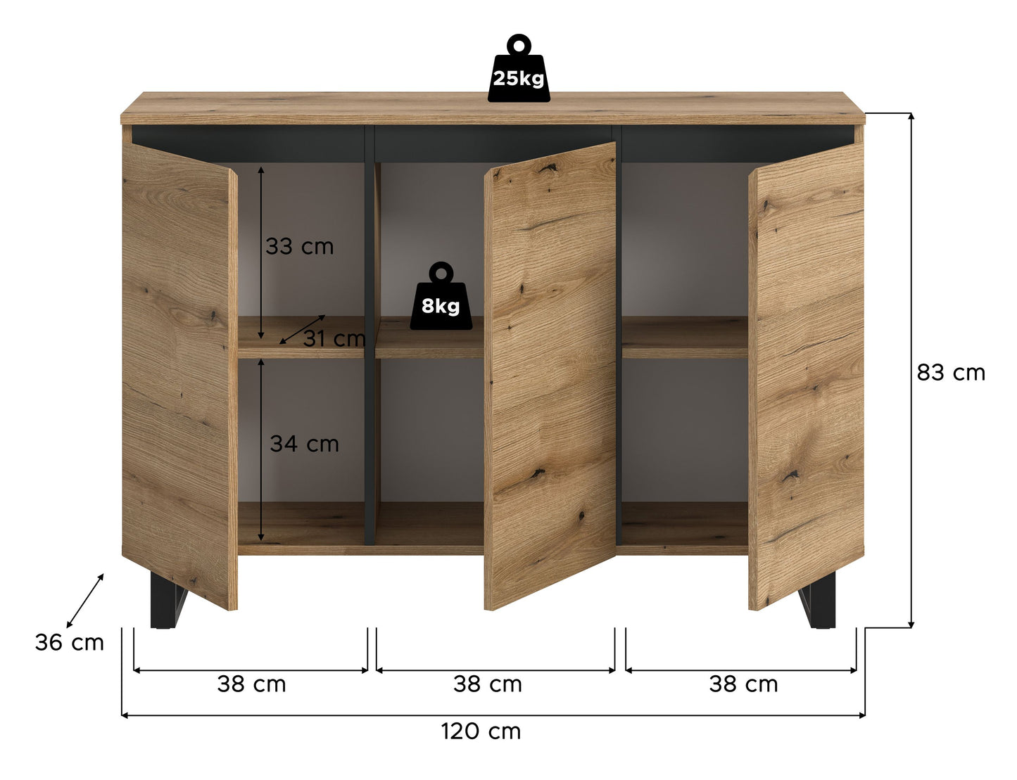 Buffet TOMASA (L/H/P : env. 120/84/36 cm) en imitation Chêne Evoke/imitation Chêne Evoke