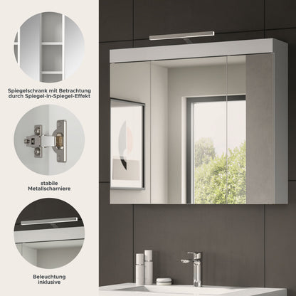 Viana Spiegelschrank inkl. Beleuchtung (B/H/T: 80x70x18 cm) in Spiegelglas und Weiß