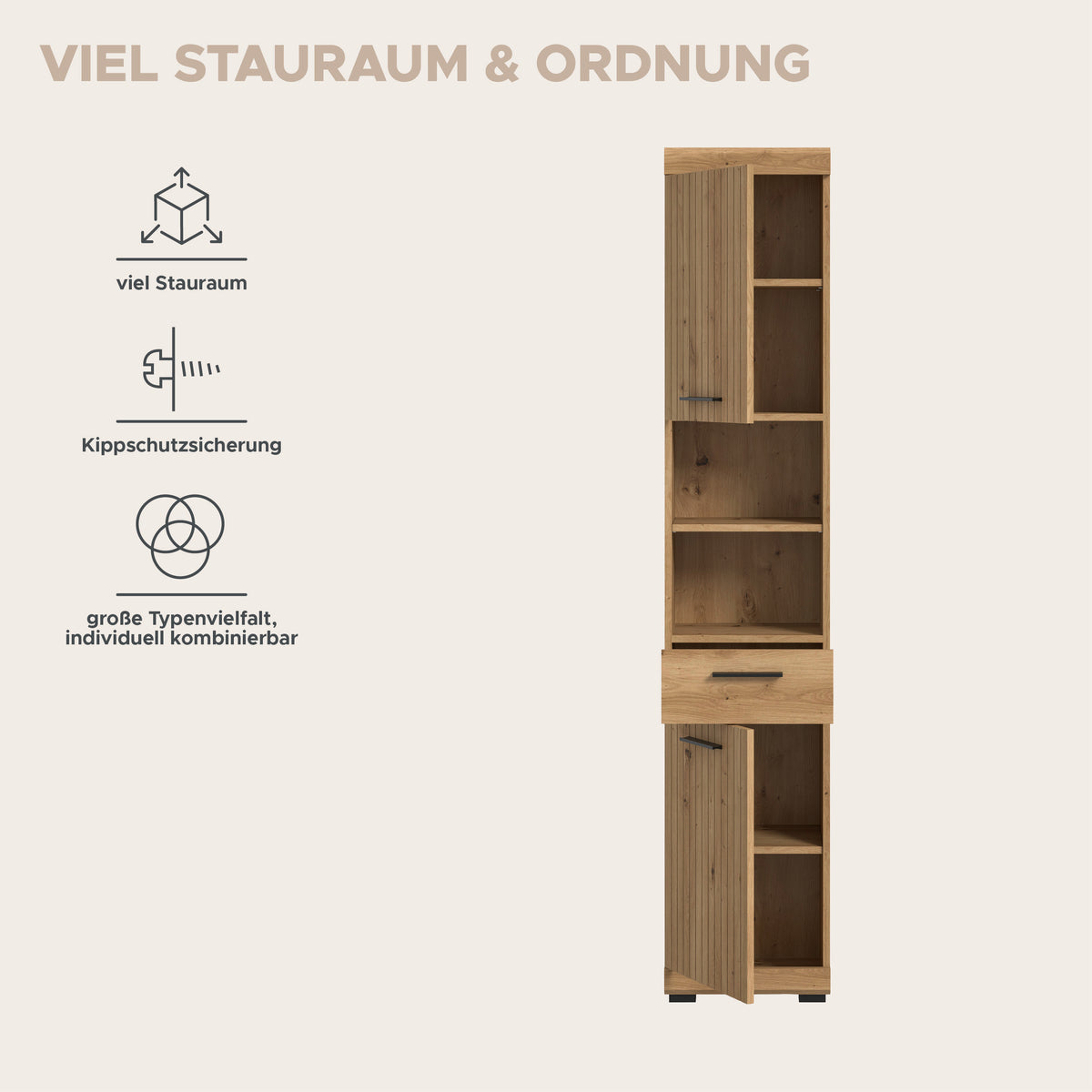 Badhochschrank schmal in Artisan-Eiche-Optik, oben offen, mit mehreren Fächern