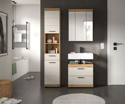 Badmöbel-Set mit Spiegelschrank, Waschtischkommode und Hochschrank, weiß und Holzoptik