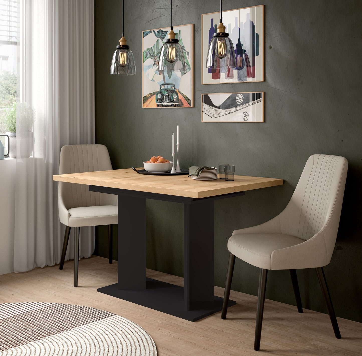 Table de salle à manger GUSTAV (L/H/P : env. 160/76/80 cm) en blanc/imitation chêne Artisan