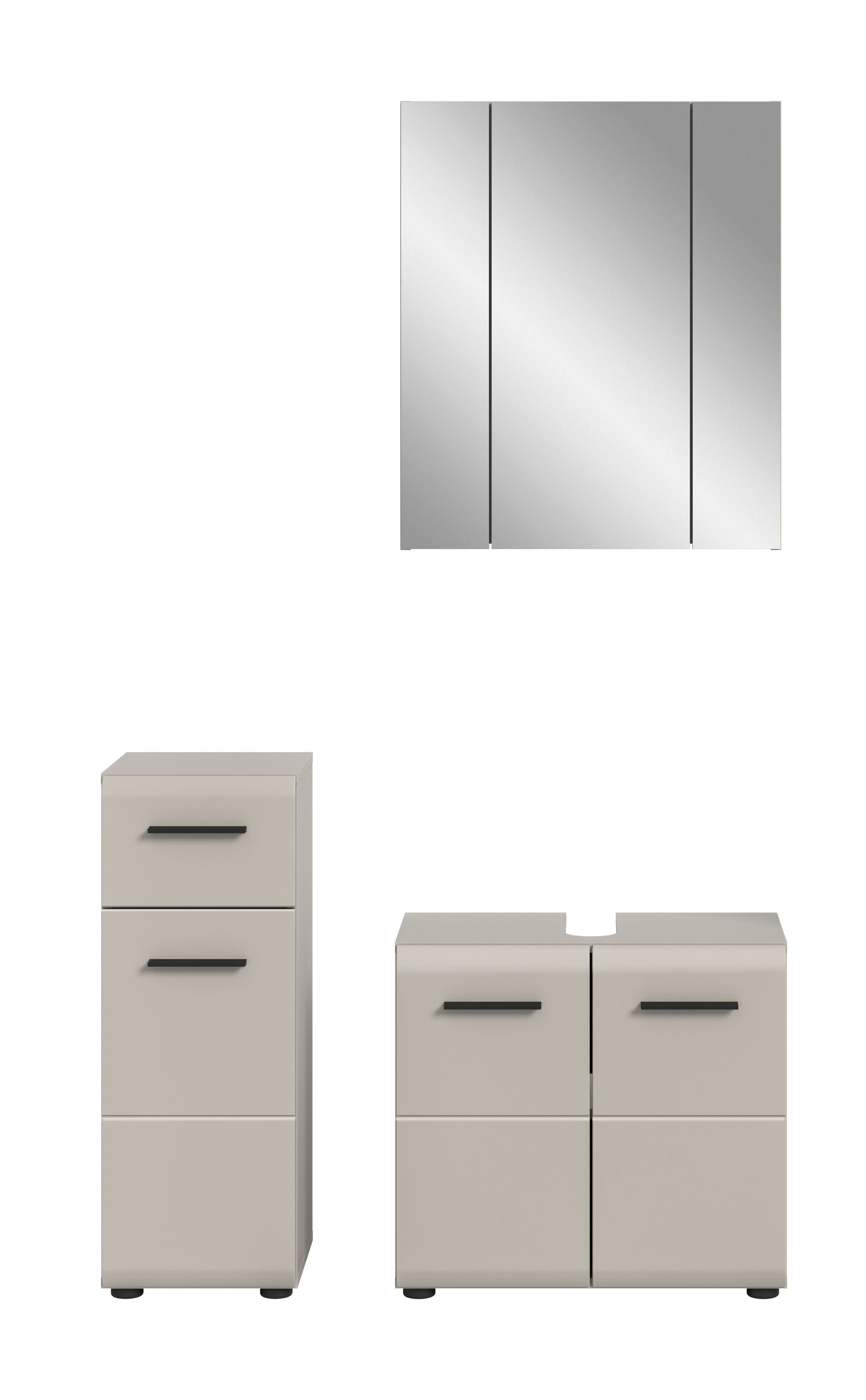 3-teiliges Badmöbel-Set in hellem Grau/Steinoptik: Hochschrank und Unterschrank mit Schubladen