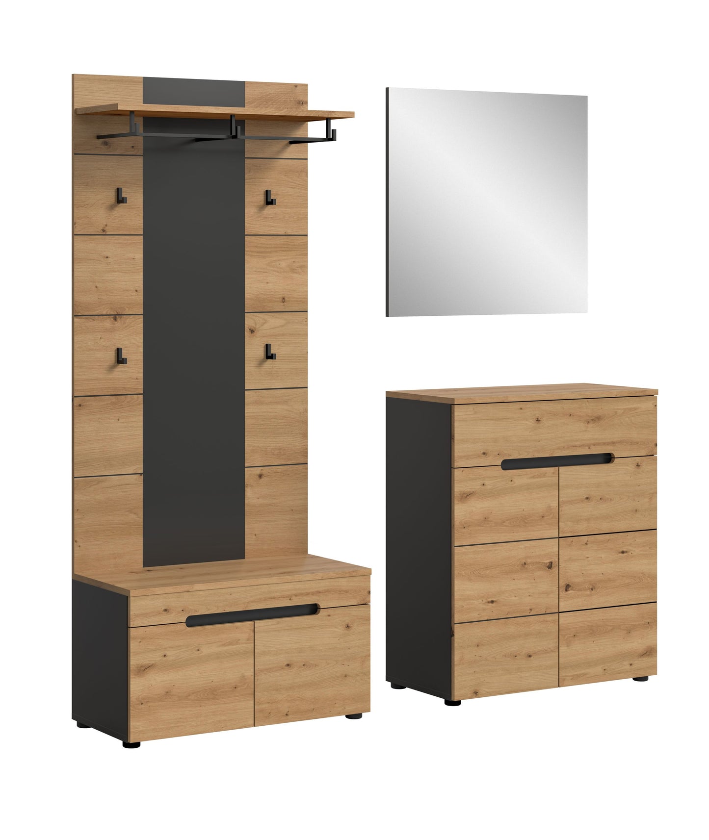 Homes & Jones Garderobenset 4-tlg., 1x Paneel, Sitzbank, Kommode und Spiegel