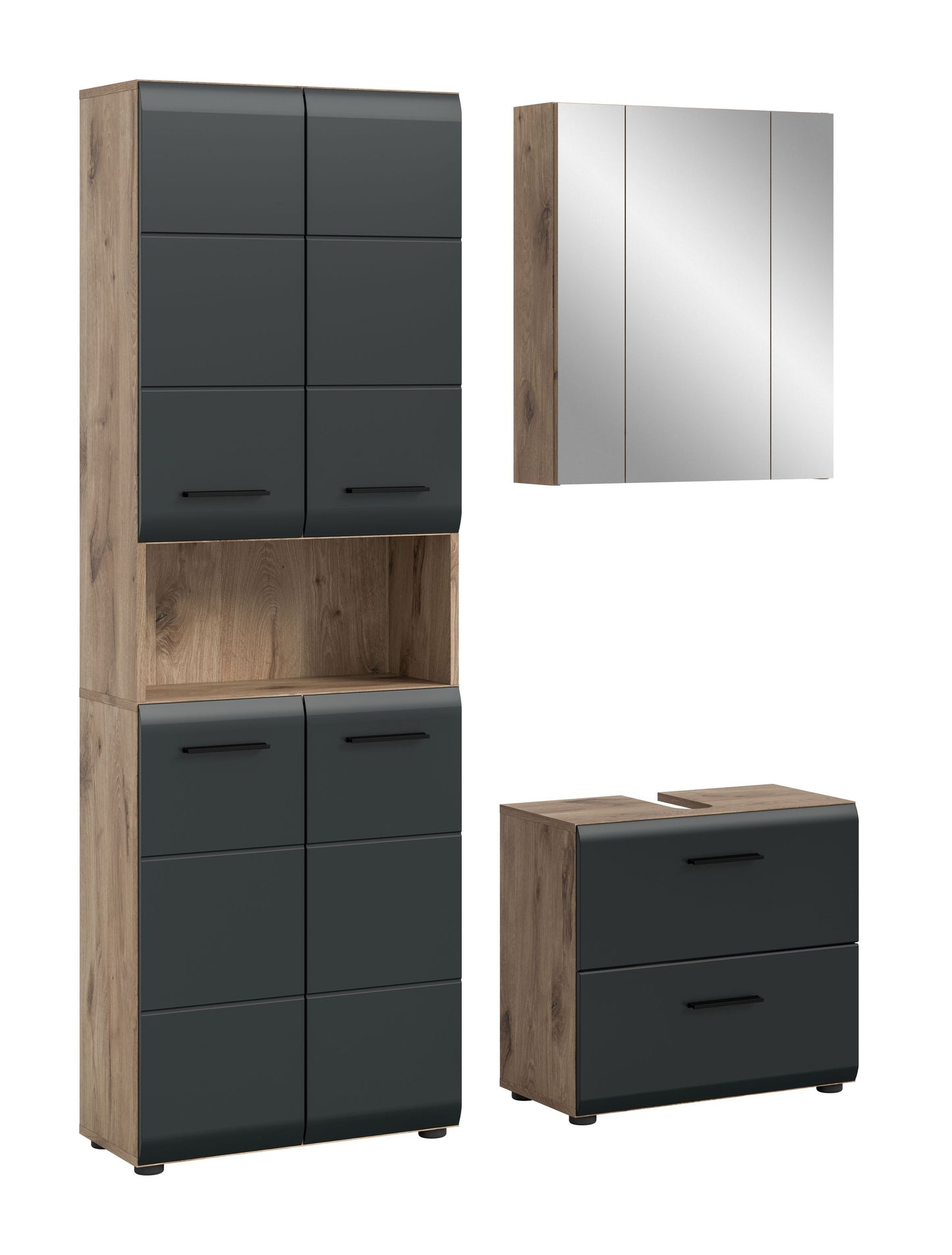 Badezimmerset von Homes & Jones: Hochschrank, Spiegelschrank & Waschtisch in Dunkelgrau