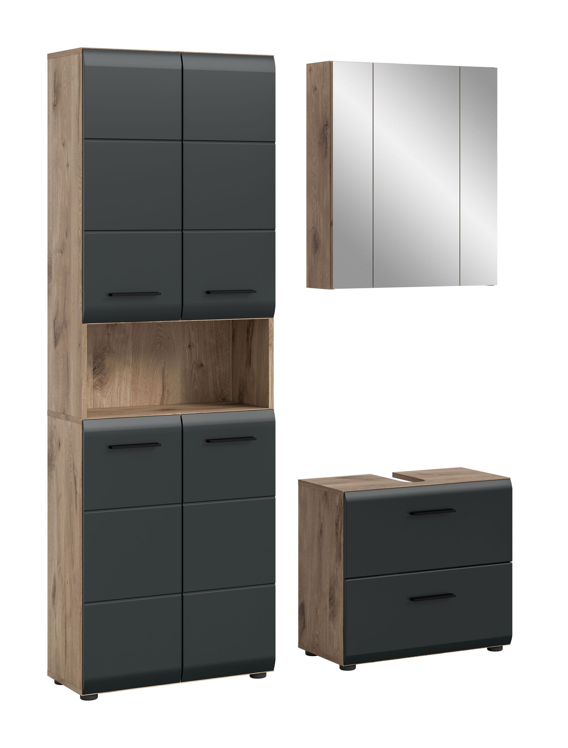 Badezimmerset von Homes & Jones: Hochschrank, Spiegelschrank & Waschtisch in Dunkelgrau