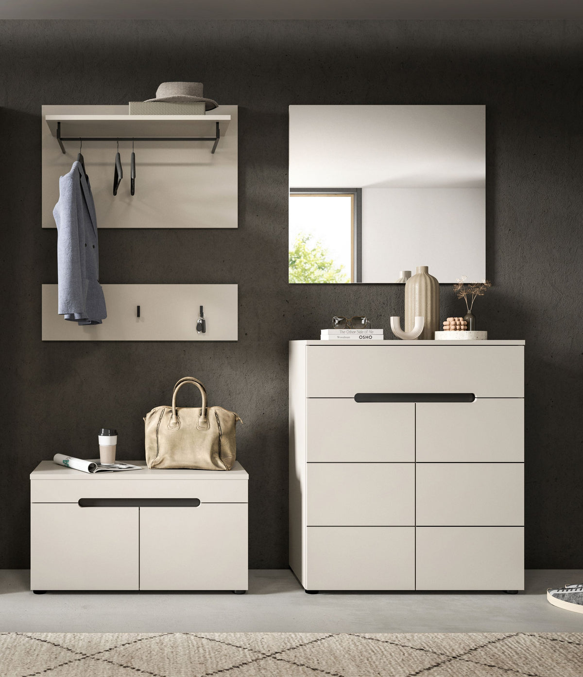 Garderobenset mit Spiegel und Kommode, Wandpaneel mit Haken, Holz- und weiße Fronten