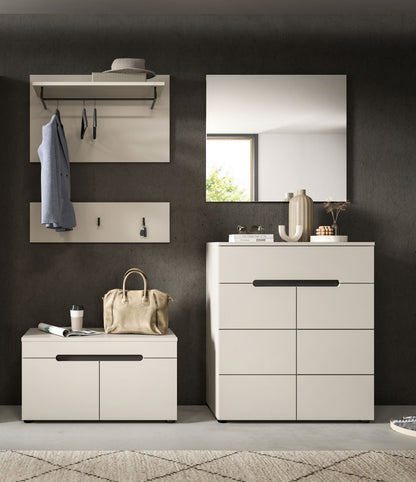 Garderobenset mit Spiegel und Kommode, Wandpaneel mit Haken, Holz- und weiße Fronten