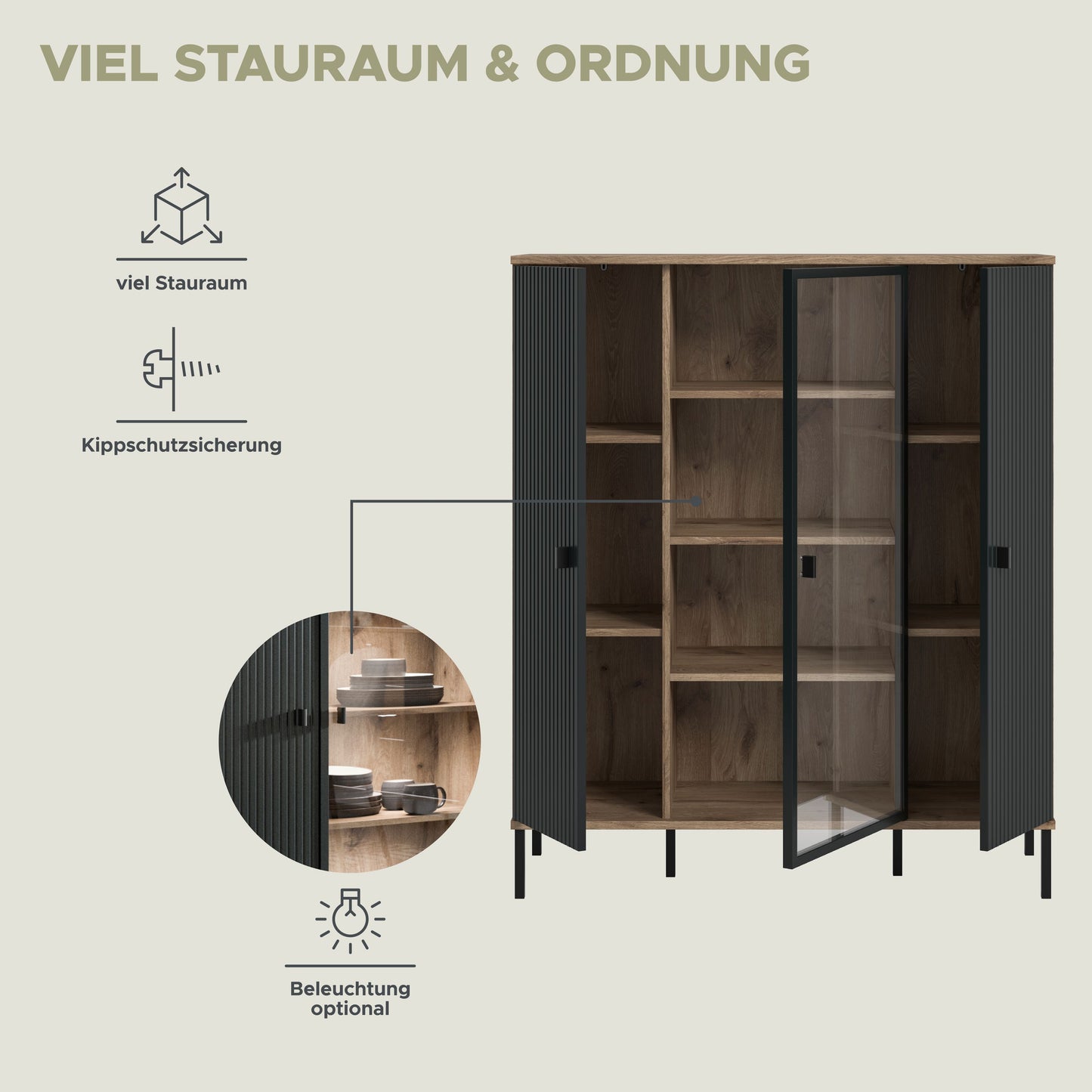 Homes & Jones Highboard, Wohnzimmerschrank-mit 4 Deko Fächer, Wohnmöbel