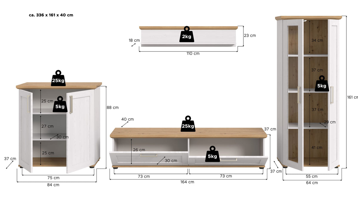 VERONA wall unit (W/H/D: approx. 336/161/40 cm) in Sibiu Larch reproduction/Sibiu Larch reproduction