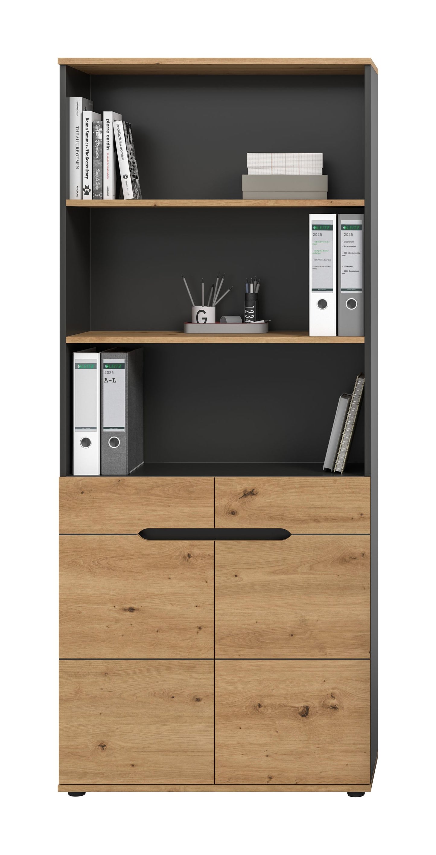 Aktenschrank mit Regal in Holzoptik und Anthrazit, offene Fächer über zwei Klappen