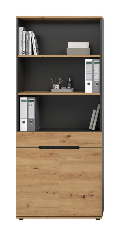 Aktenschrank mit Regal in Holzoptik und Anthrazit, offene Fächer über zwei Klappen