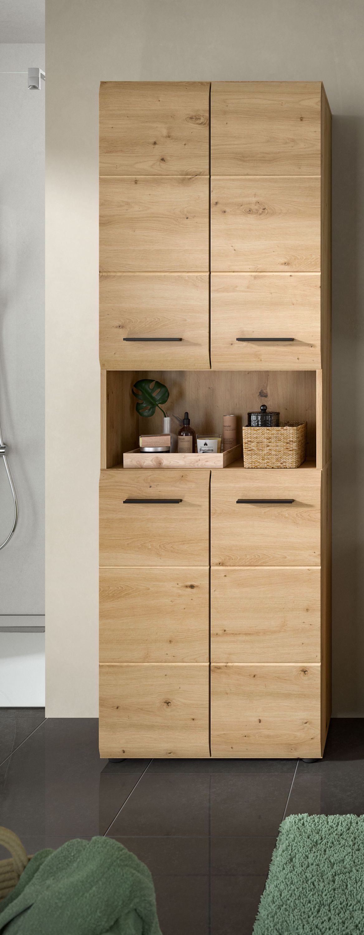 Badezimmerhochschrank in Holzoptik mit zwei Flügeltüren und darunterliegenden Schubladen