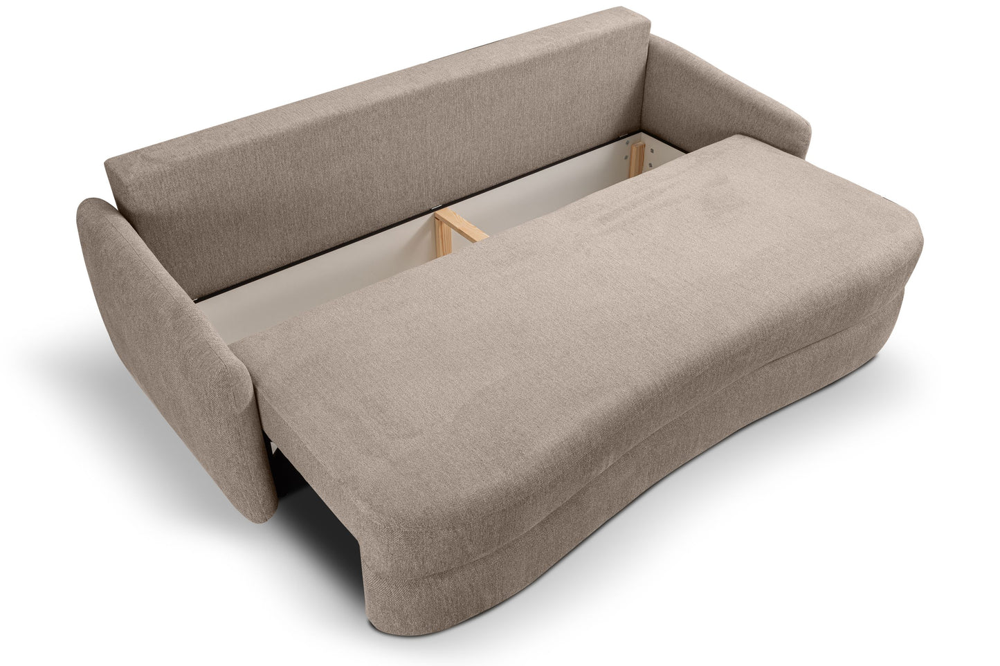 Schlafsofa im geöffneten Zustand, beiger Stoff mit sichtbarer Liegefläche