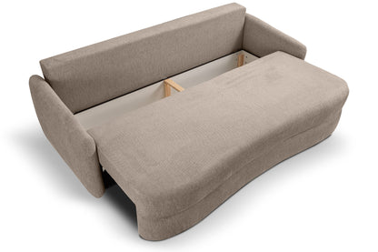Schlafsofa im geöffneten Zustand, beiger Stoff mit sichtbarer Liegefläche