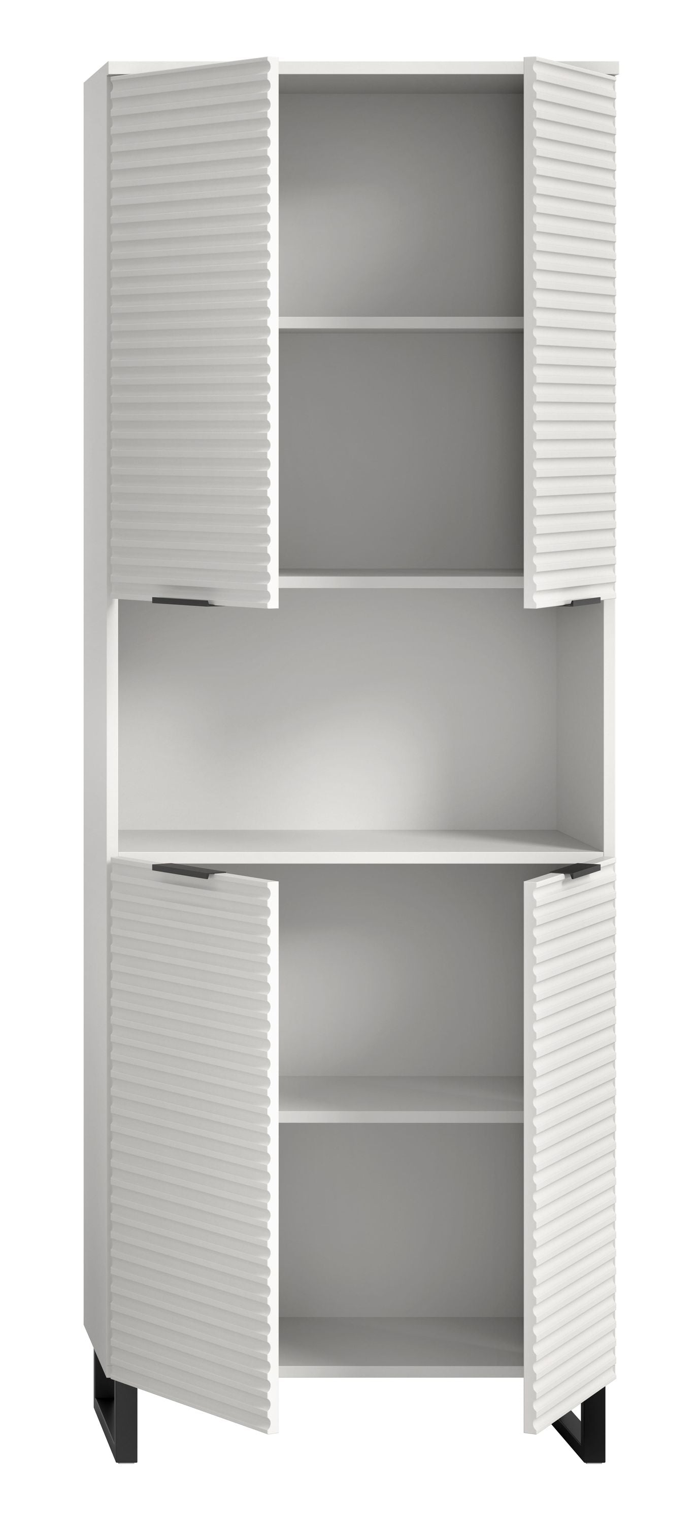 Weißer Badhochschrank mit Lamellentüren, geöffneten Frontklappen und zwei offenen Fächern