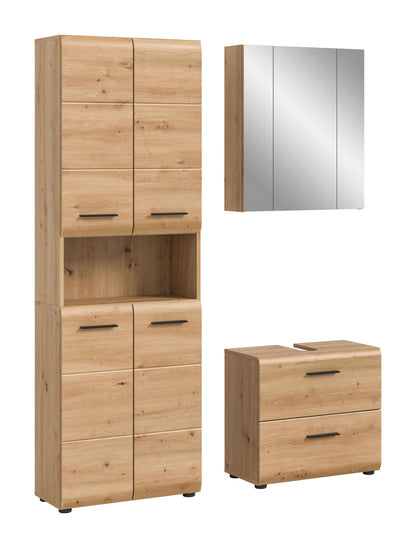 Badezimmerset von Homes & Jones: Hochschrank, Spiegelschrank & Waschtisch in Eiche hell