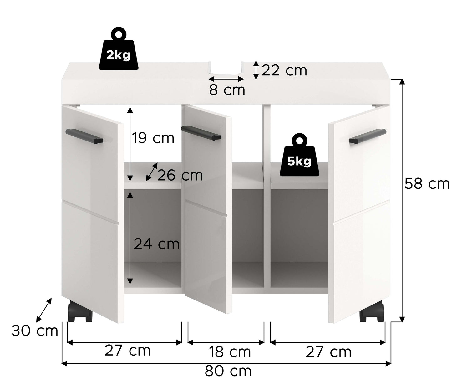 Meuble bas de lavabo sur roulettes NOVA (L/H/P : env. 80/58/30 cm) en blanc/blanc brillant