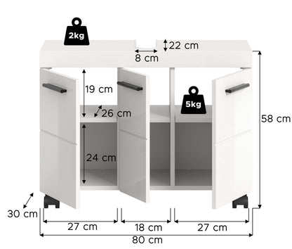 Meuble bas de lavabo sur roulettes NOVA (L/H/P : env. 80/58/30 cm) en blanc/blanc brillant