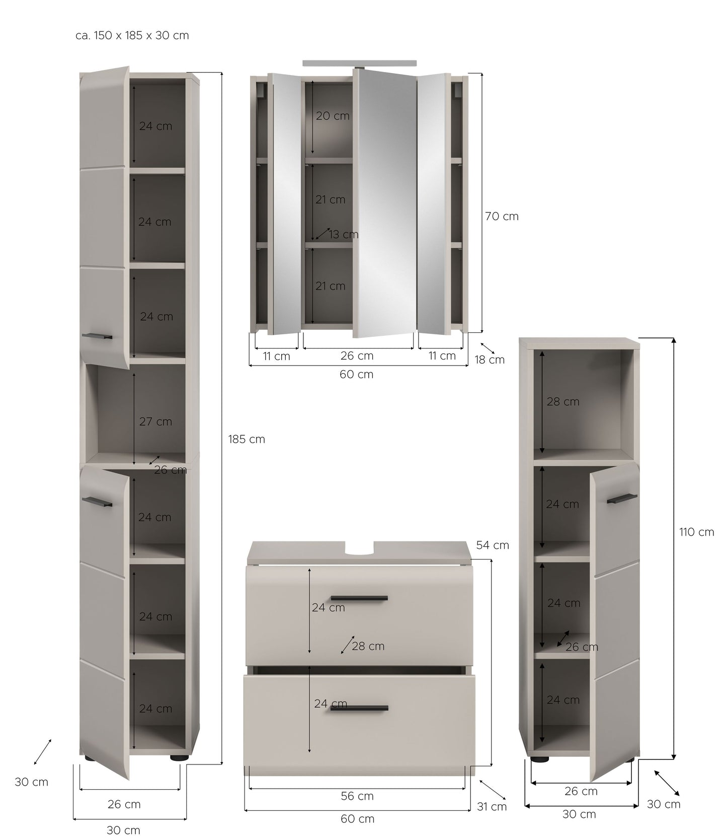 Badmöbel-Set 5-tlg. Maßzeichnung: Hochschrank, Spiegelschrank, Waschtisch- und Seitenschrank, grau/weiß