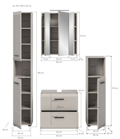 Badmöbel-Set 5-tlg. Maßzeichnung: Hochschrank, Spiegelschrank, Waschtisch- und Seitenschrank, grau/weiß