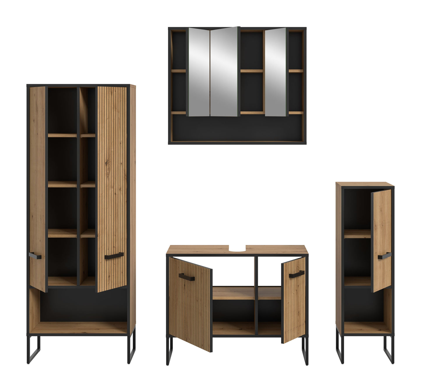 Badmöbel-Set mit Spiegelschrank, Waschplatzschrank und Hochschrank in Holzoptik