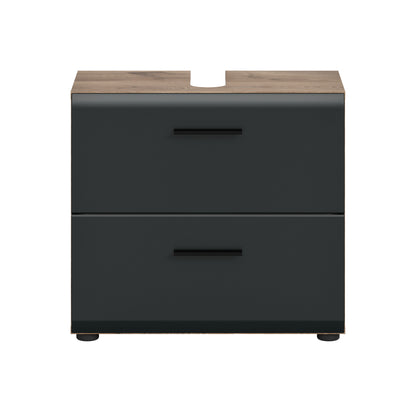Waschbeckenunterschrank 60 cm, dunkelgrauer Korpus mit zwei Schubladen, schwarze Griffleisten